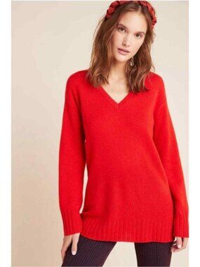 Anthropologie Red V-Neck Cashmere Sweater